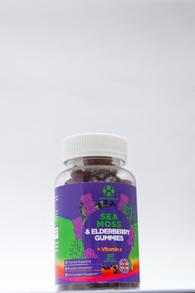Jar of Sea Moss & Elderberry Gummies with a colorful label on a white background