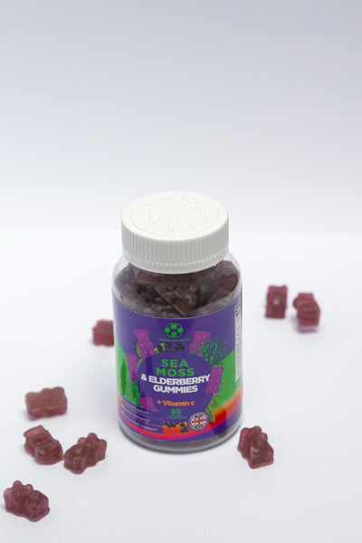 Bottle of gummy bears with a purple label on a white background